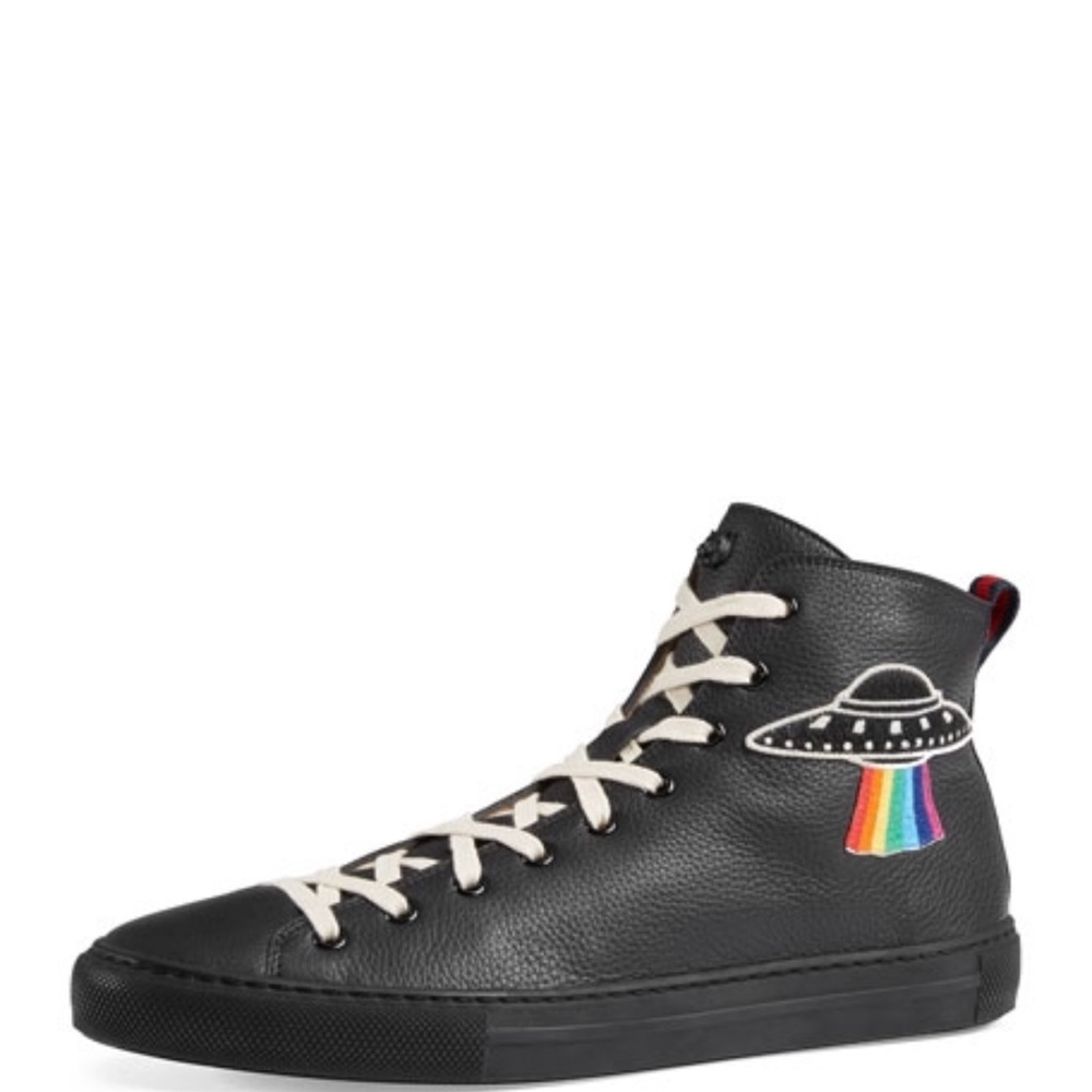 Gucci 17-18SS UFO Angry Cat Wappen Leather High Cut Sneakers Black Size 11